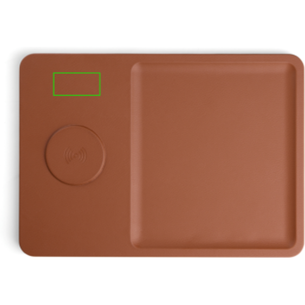 Standskizze: Druckverfahren PU-Etikett Sortino auf Position „Artikel linke Seite oben (max. 60 x 30 mm)“ – VINGA Timo Wireless Charger 15W mit Ablage aus recyceltem ABS