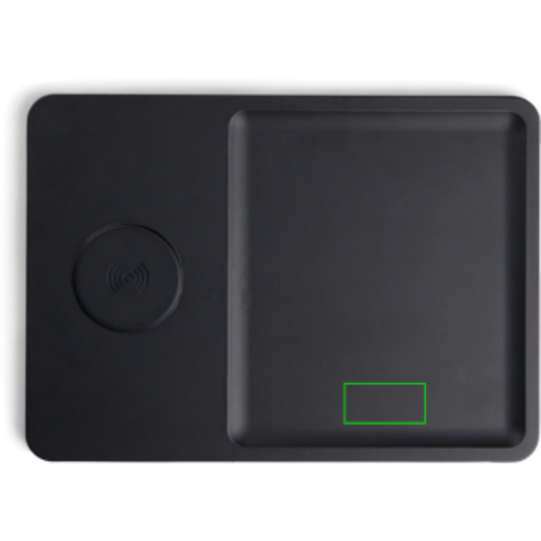 Standskizze: Druckverfahren PU-Etikett Brendon auf Position „Artikel rechte Seite unten (max. 60 x 30 mm)“ – VINGA Timo Wireless Charger 15W mit Ablage aus recyceltem ABS