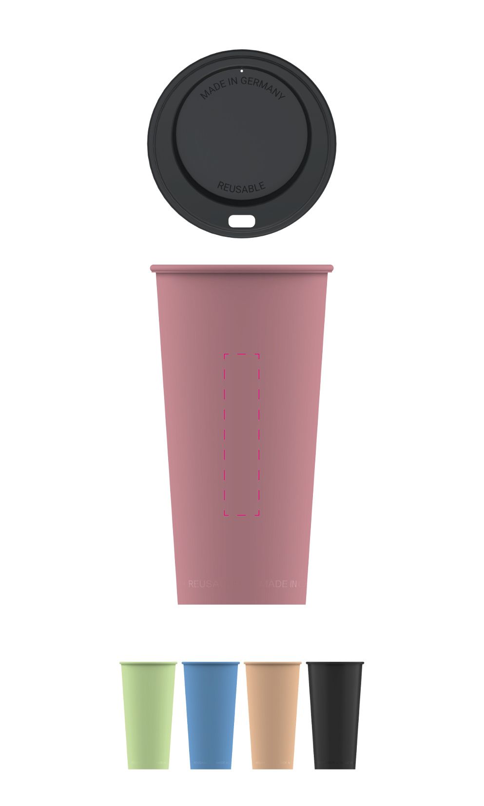 Standskizze: Druckposition „Hochkant (max. 15×70 mm)“ – Kaffeebecher ToGo 0,4 l – Mehrwegbecher aus Kunststoff, spülmaschinenfest