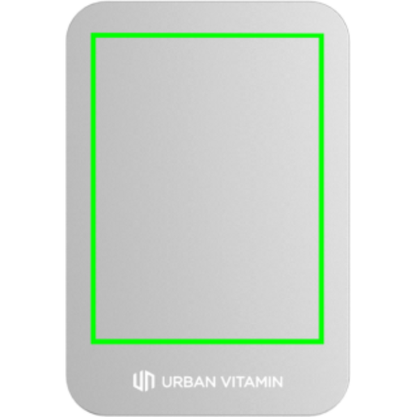 Standskizze: Druckverfahren Lasergravur auf Position „Artikel Rückseite“ – Urban Vitamin Burbank Magnet-Powerbank 3000mAh aus recyceltem Aluminium und ABS – bedruckbar als Werbegeschenk