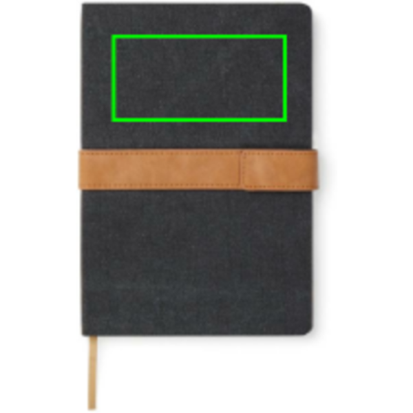 Standskizze: Druckverfahren Siebdruck Transfer auf Position „Artikel Vorderseite oben (max. 100 x 50 mm)“ – VINGA Bosler A5-Notizbuch aus RCS-recyceltem Papier, mit Logo veredelbar