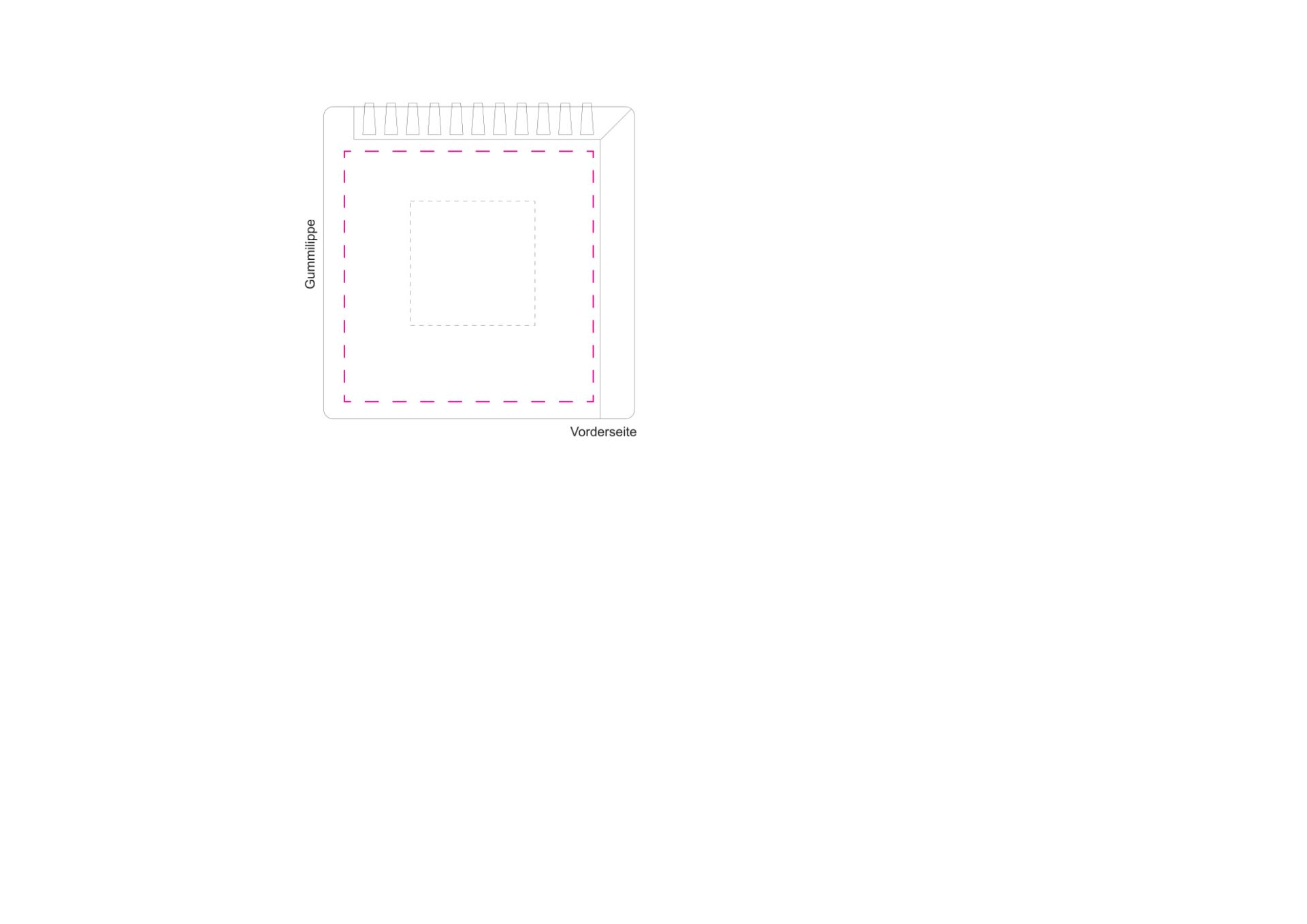 Standskizze: Druckposition „mittig auf Vorderseite (max. 80×80 mm)“ – Eiskratzer Quadrat mit Wasserabstreifer – Kunststoff 103 × 100 mm