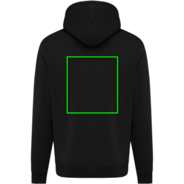 Standskizze: Druckverfahren Siebdruck Transfer auf Position „Artikel Rückseite“ – IQONIQ Joshua Hoodie 340 g/m² aus Bio- und recycelter Baumwolle – mit Logo bestickbar und bedruckbar