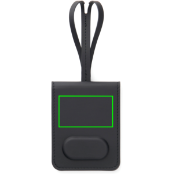 Standskizze: Druckverfahren CO2 Gravur auf Position „Artikel Vorderseite oben (max. 60 x 35 mm)“ – VINGA Baltimore Bluetooth-Kofferanhänger mit Dual-Finder aus RCS-recyceltem ABS