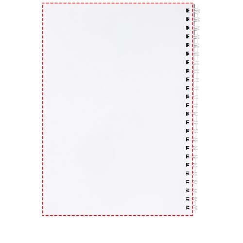 Standskizze: Druckverfahren Druck auf Papier auf Position „Rückseite der Blätter (Hochformat, Rücken rechts) (max. 105 x 148 mm)“ – Desk-Mate® A6 Notizbuch mit Spiralbindung