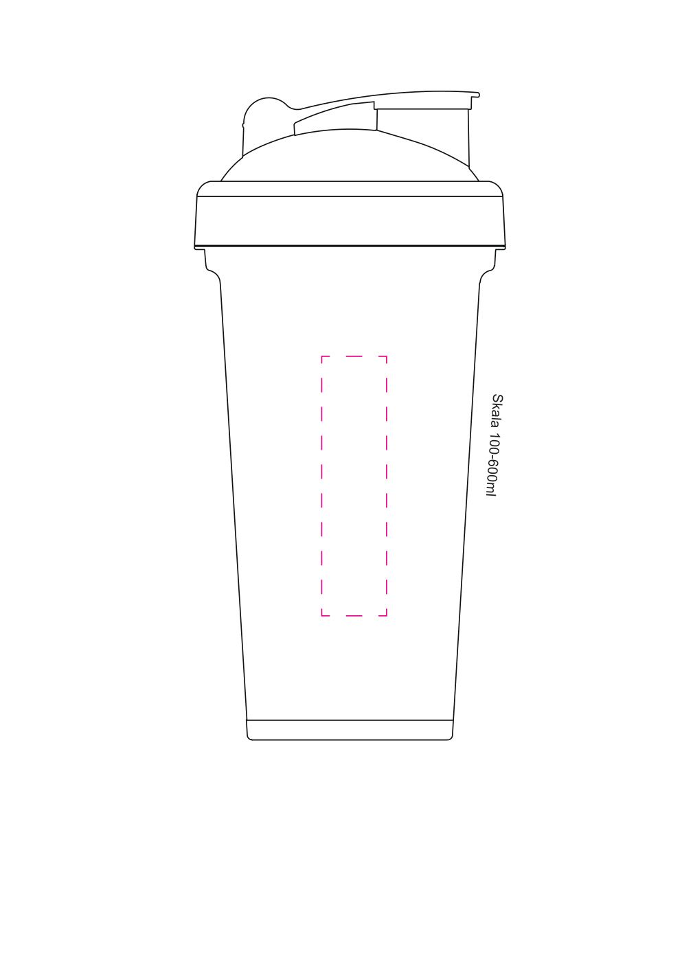 Standskizze: Druckposition „seitlich auf Shaker - links (max. 20×80 mm)“ – Protein-Shaker 600 ml – transparent mit Sieb und Skala