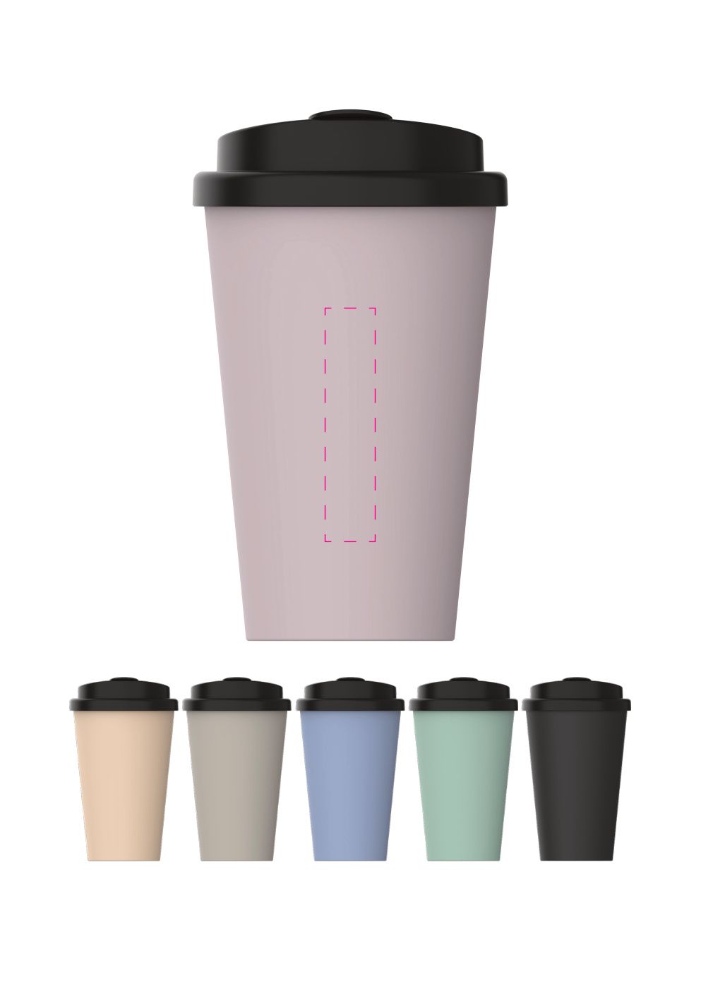 Standskizze: Druckposition „seitlich von unten nach oben (max. 15×70 mm)“ – Kaffeebecher PremiumPlus 350 ml – doppelwandig mit Deckel