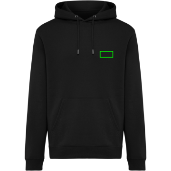 Standskizze: Druckverfahren Bedruckter Aufnäher mit Stickereikontur auf Position „linke Brustseite“ – IQONIQ Joshua Hoodie 340 g/m² aus Bio- und recycelter Baumwolle – mit Logo bestickbar und bedruckbar