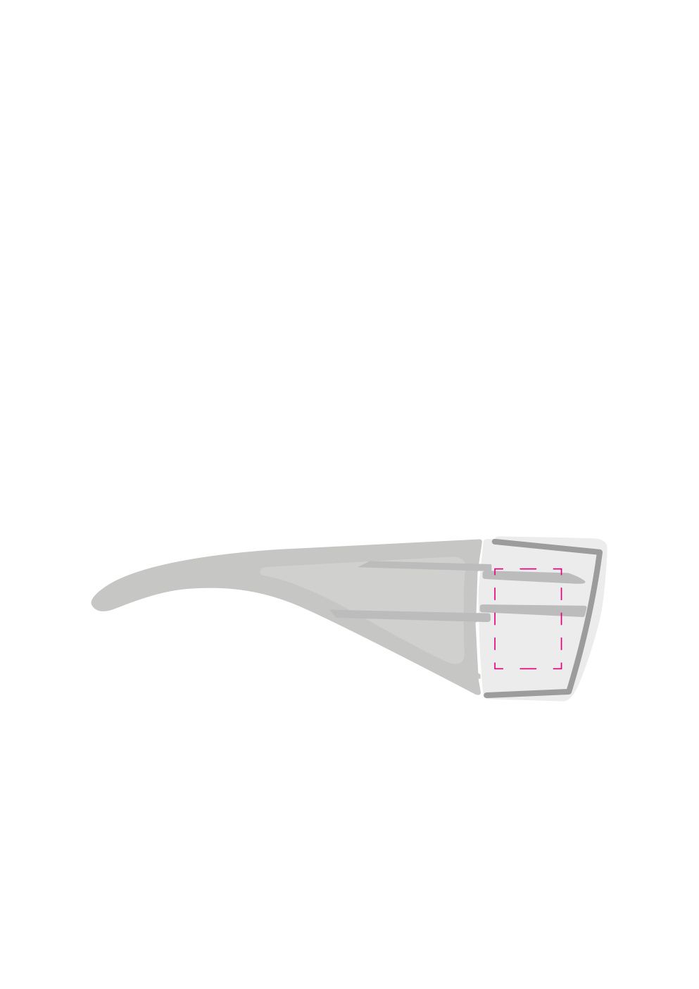 Standskizze: Druckposition „auf Brille rechts (max. 20×30 mm)“ – Schutzbrille Safety – Tritan, EN 166 zertifiziert, bedruckbar