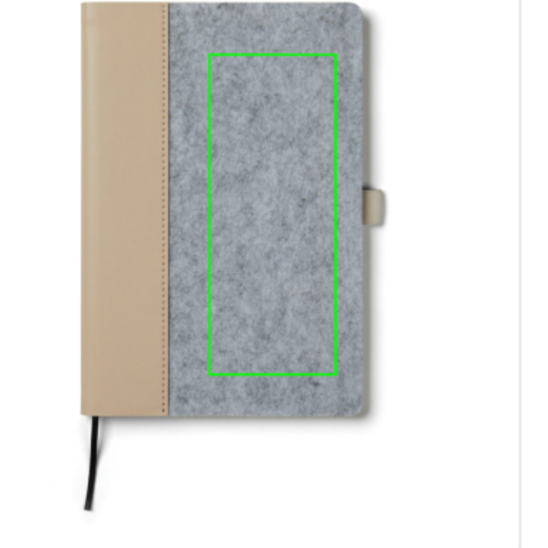 Standskizze: Druckverfahren Digital Transfer auf Position „Artikel Vorderseite (max. 60 x 150 mm)“ – VINGA Albon A5-Notizbuch aus GRS-Recyclingfilz mit Stifthalter
