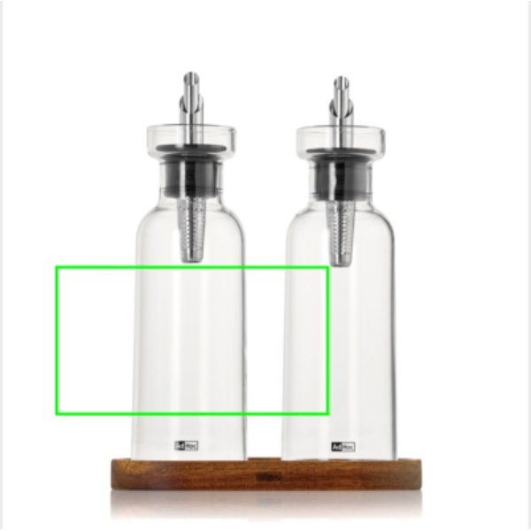 Standskizze: Druckverfahren 360°-Rundum-Digitaldruck auf Position „Artikel (max. 183 x 100 mm)“ – AdHoc Menage AromaPour Öl- und Essigset 300 ml aus Glas mit Logodruck