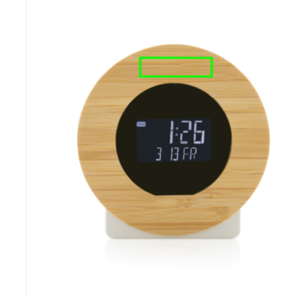 Standskizze: Druckverfahren Tampondruck auf Position „Artikel Vorderseite oben (max. 35 x 10 mm)“ – XD Collection Utah Tischuhr aus rABS und Bambus mit LCD