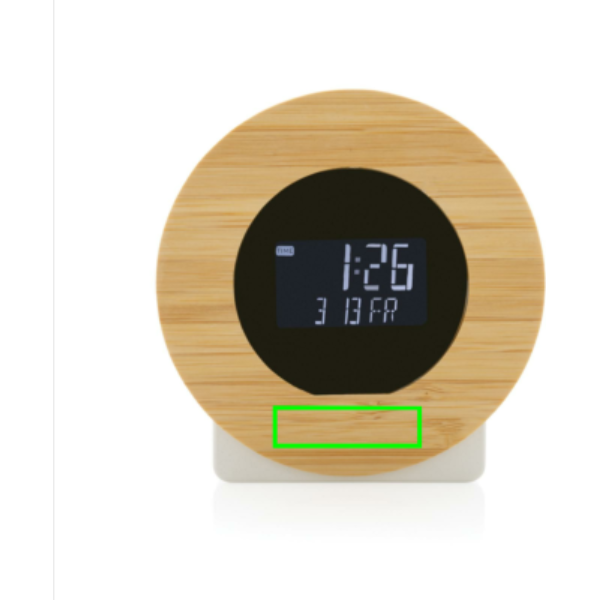 Standskizze: Druckverfahren Tampondruck auf Position „Artikel Vorderseite unten (max. 35 x 10 mm)“ – XD Collection Utah Tischuhr aus rABS und Bambus mit LCD