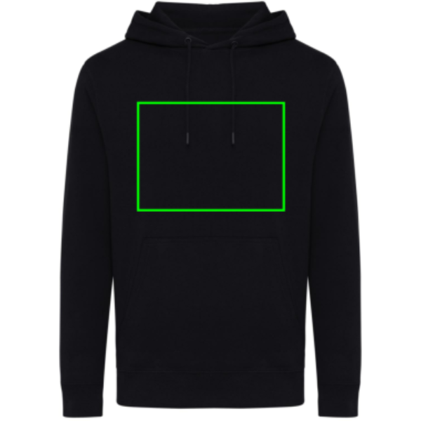 Standskizze: Druckverfahren Siebdruck Textil auf Position „Artikel Vorderseite“ – iqoniq Rila Hoodie aus 30 % recycelter und 70 % Bio-Baumwolle, bedruckbar