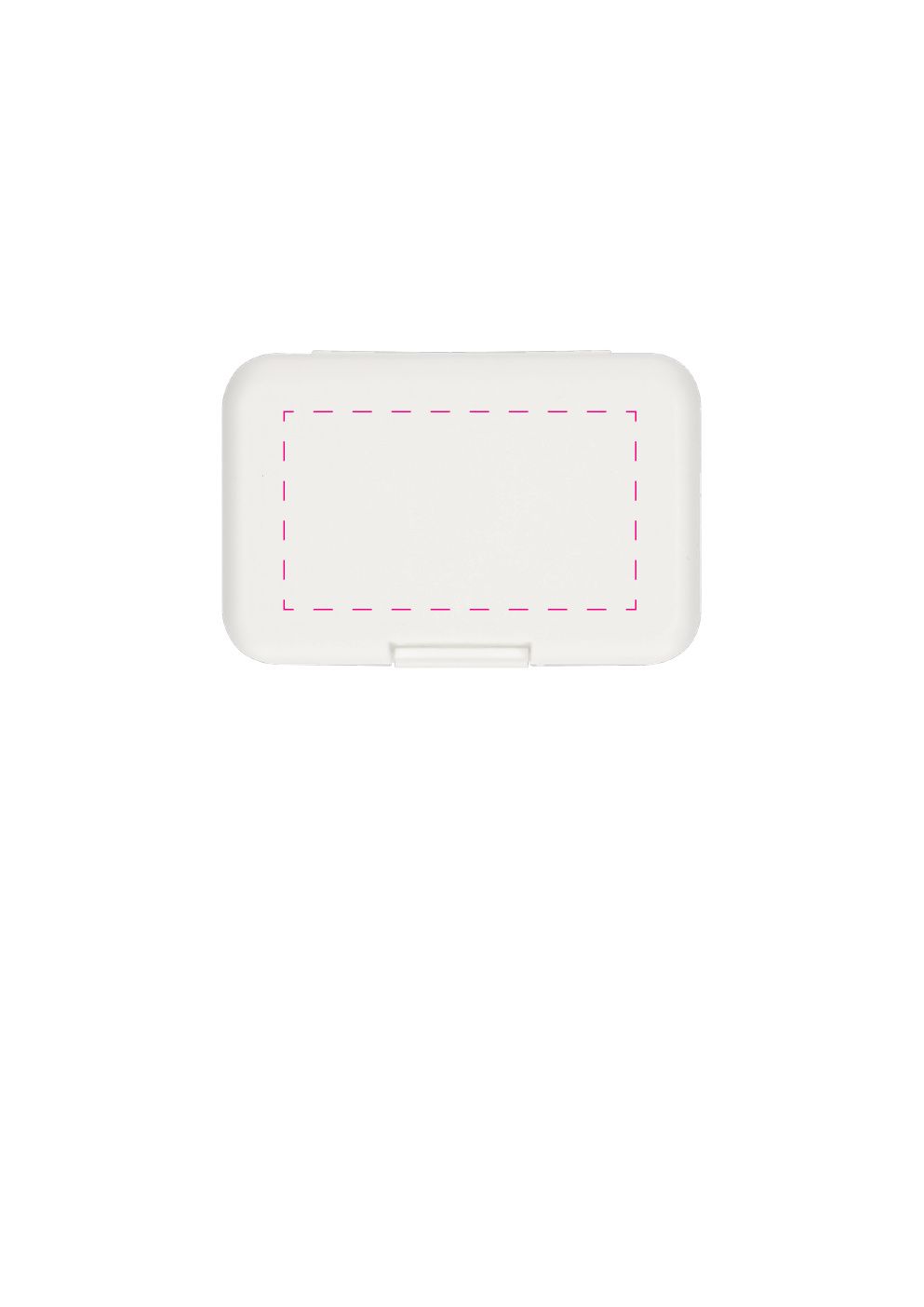 Standskizze: Druckposition „mittig (max. 80×45 mm)“ – Vorratsdose Snacky – Polypropylen 108 × 70 × 35 mm, Made in Germany