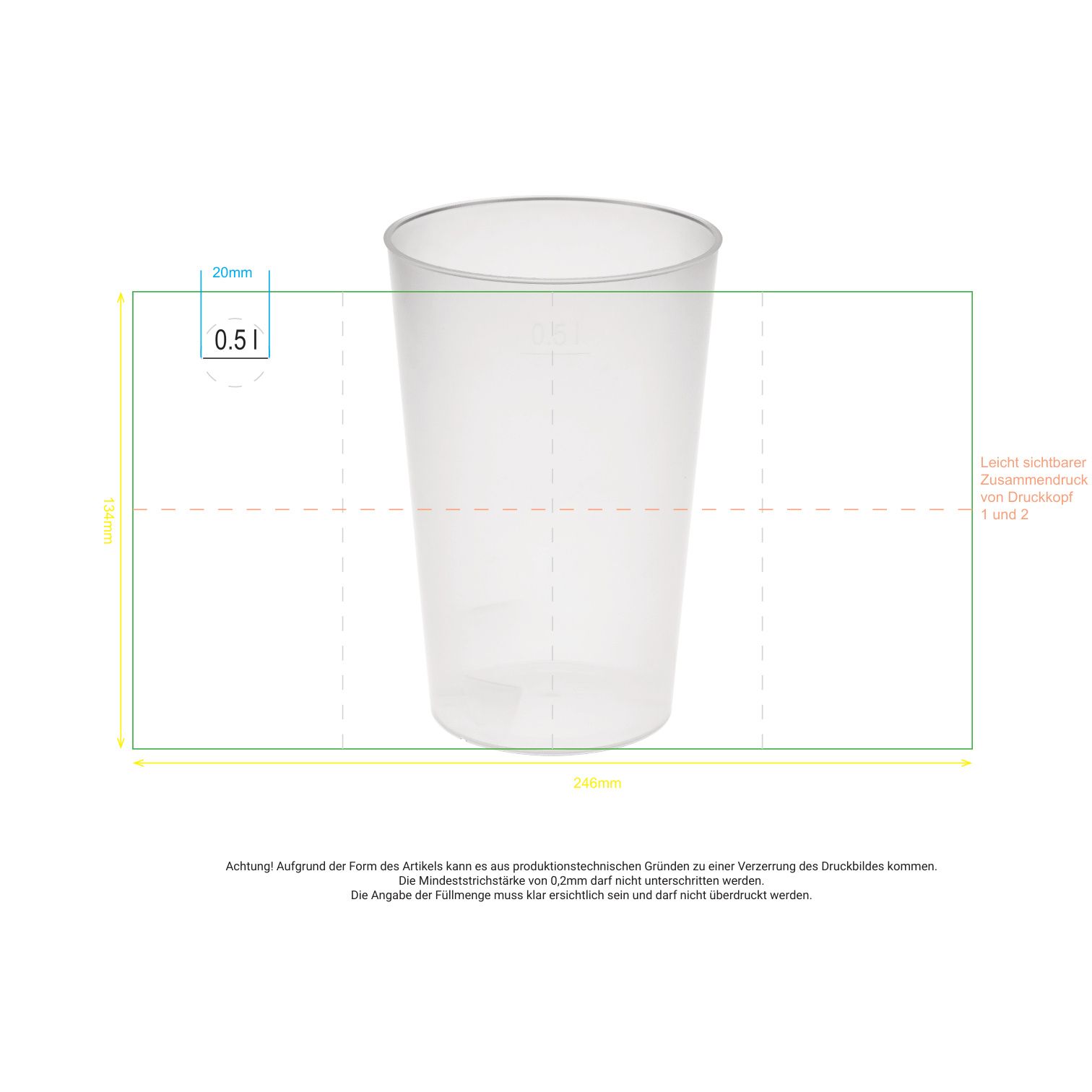 Standskizze: Druckposition „rundum (max. 246×134 mm)“ – Trinkbecher Vital 500 ml – Mehrwegbecher mit Deckel und Strohhalm