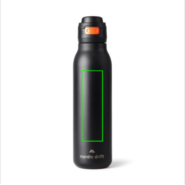Standskizze: Druckverfahren Tampondruck auf Position „Artikel Vorderseite“ – Nordic Drift Trail Wasserflasche 750ml aus 68 % recyceltem Edelstahl, RCS-zertifiziert, bedruckbar