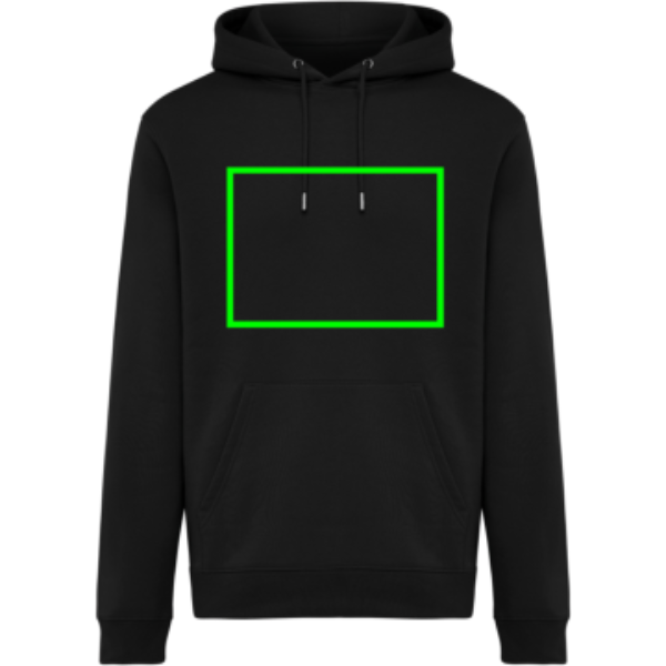 Standskizze: Druckverfahren Siebdruck Transfer auf Position „Artikel Vorderseite“ – IQONIQ Joshua Hoodie 340 g/m² aus Bio- und recycelter Baumwolle – mit Logo bestickbar und bedruckbar