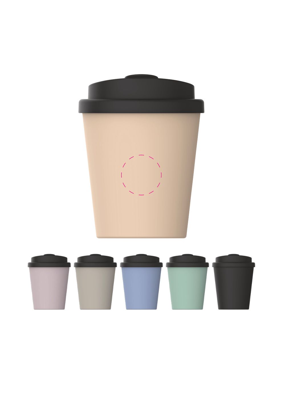 Standskizze: Druckposition „seitlich (max. Ø 30 mm)“ – Kaffeebecher PremiumPlus 250 ml – doppelwandig mit Trink-Deckel