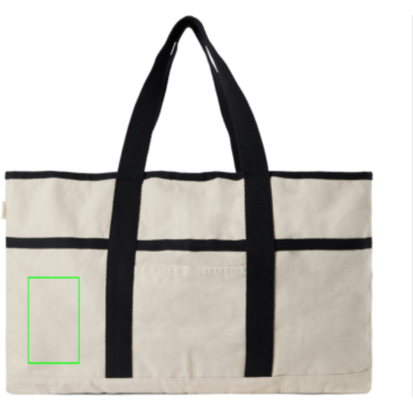 Standskizze: Druckverfahren Siebdruck Transfer auf Position „Artikel Vorderseite links“ – VINGA Volonne AWARE Strandtasche aus 100 % recyceltem Canvas bedruckbar