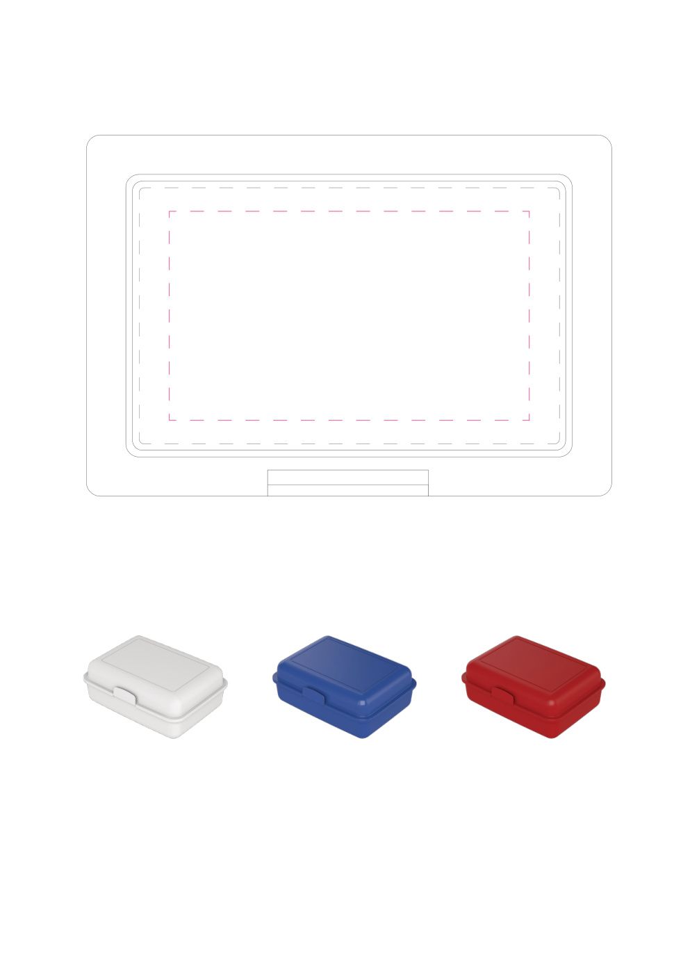 Standskizze: Druckposition „mittig auf Deckel (max. 110×64 mm)“ – Vorratsdose School-Box groß mit Trennschale – Pausenbox mit Klickverschluss