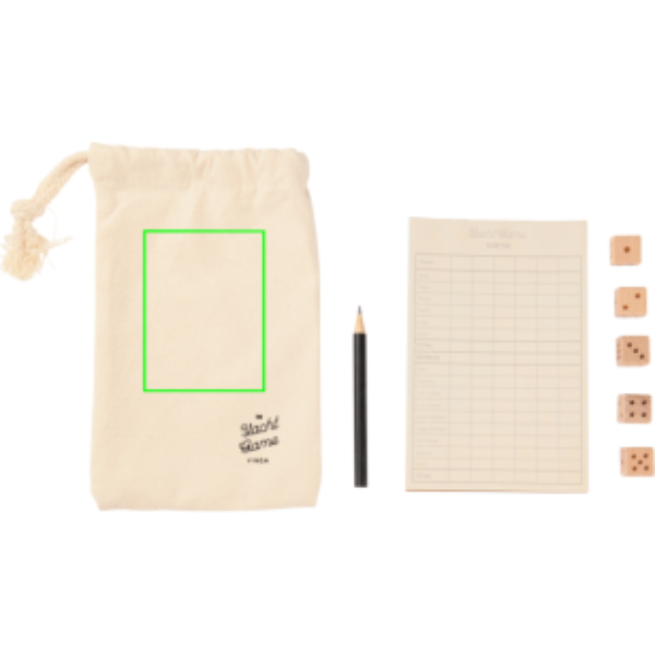 Standskizze: Druckverfahren Siebdruck Transfer auf Position „Hülle Vorderseite (max. 60 x 80 mm)“ – VINGA Yacht Würfelspiel aus FSC-Holz mit Baumwolltasche