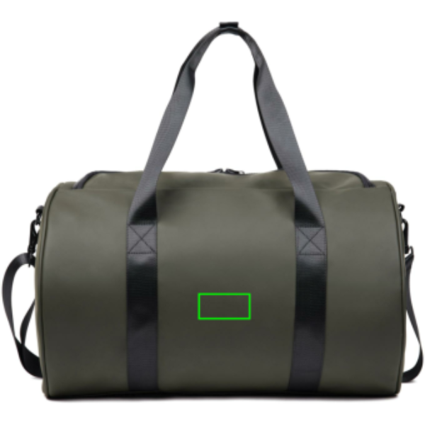 Standskizze: Druckverfahren PU-Etikett Baltimore grün auf Position „Artikel Rückseite (max. 60 x 30 mm)“ – VINGA Baltimore Sporttasche aus Nubuck-PU, bedruckbar