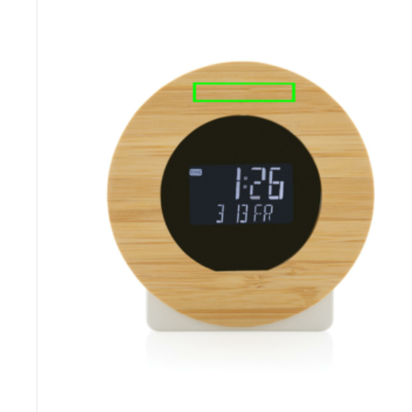 Standskizze: Druckverfahren CO2 Gravur auf Position „Artikel Vorderseite oben (max. 35 x 10 mm)“ – XD Collection Utah Tischuhr aus rABS und Bambus mit LCD