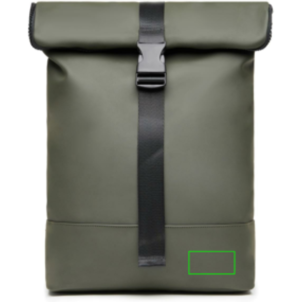 Standskizze: Druckverfahren PU-Etikett Baltimore grün auf Position „Artikel rechte Seite unten“ – VINGA Baltimore Fahrradtasche mit 17-Zoll-Laptopfach, wandelbar zum Rucksack