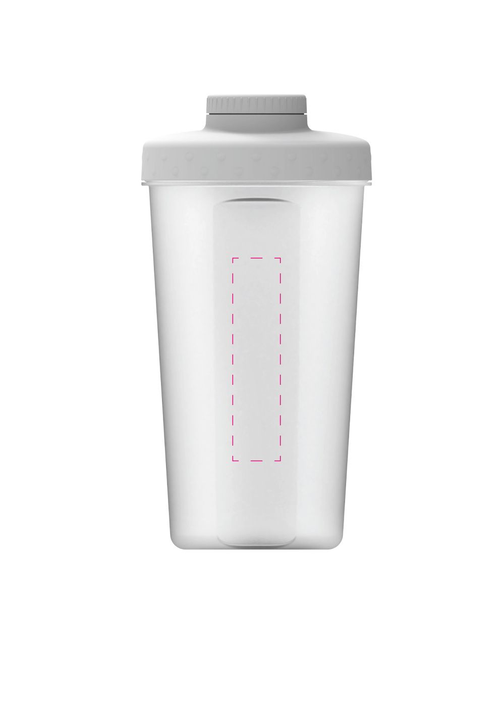 Standskizze: Druckposition „auf dem abgeflachten Segment ohne Skala (max. 20×85 mm)“ – Protein-Shaker Energy 600 ml – transparent mit Sieb und Skala