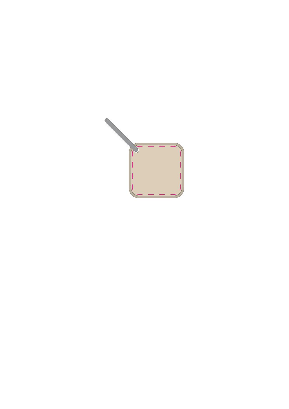 Standskizze: Druckposition „mittig auf eine Seite (max. 35×35 mm)“ – Holzschlüsselanhänger Maple eckig – Ahornholz mit Metallkette