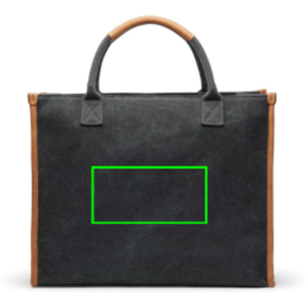 Standskizze: Druckverfahren Siebdruck Transfer auf Position „Artikel Rückseite“ – VINGA Bosler Bürotasche aus RCS-Canvas (recycelt), 17 Zoll Laptopfach, individuell bedruckbar