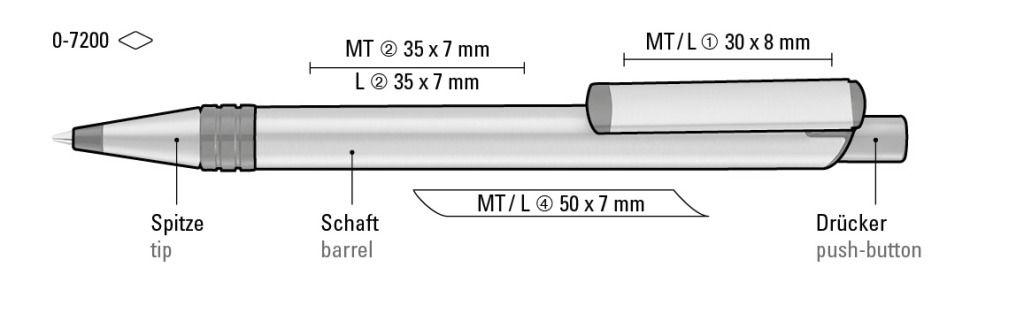 Standskizze: Druckverfahren Lasergravur, Tampondruck, Einzelnamensgravur (Namensliste fragen wir nach der Bestellung per E-Mail an) auf Position „auf dem Clip (max. 30 x 8 mm)“ – RECYCLED PET PEN ALUMA Druckkugelschreiber