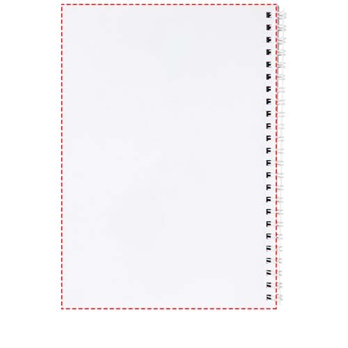 Standskizze: Druckverfahren Offsetdruck vollfarbig auf Position „Rückseite der Blätter (Querformat, Rücken rechts) (max. 210 x 148 mm)“ – Desk-Mate® A5 Notizbuch mit Kunststoff Cover und Spiralbindung