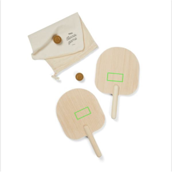 Standskizze: Druckverfahren Tampondruck auf Position „Schläger (max. 80 x 40 mm)“ – VINGA Miro Beach-Tennis Spiel aus FSC-Sperrholz mit Logodruck