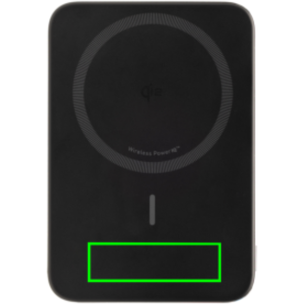Standskizze: Druckverfahren Tampondruck auf Position „Artikel Vorderseite unten (max. 50 x 15 mm)“ – Anker Nano Wireless Powerbank 5.000 mAh, magnetisch Qi2 15 W, bedruckbar mit Logo