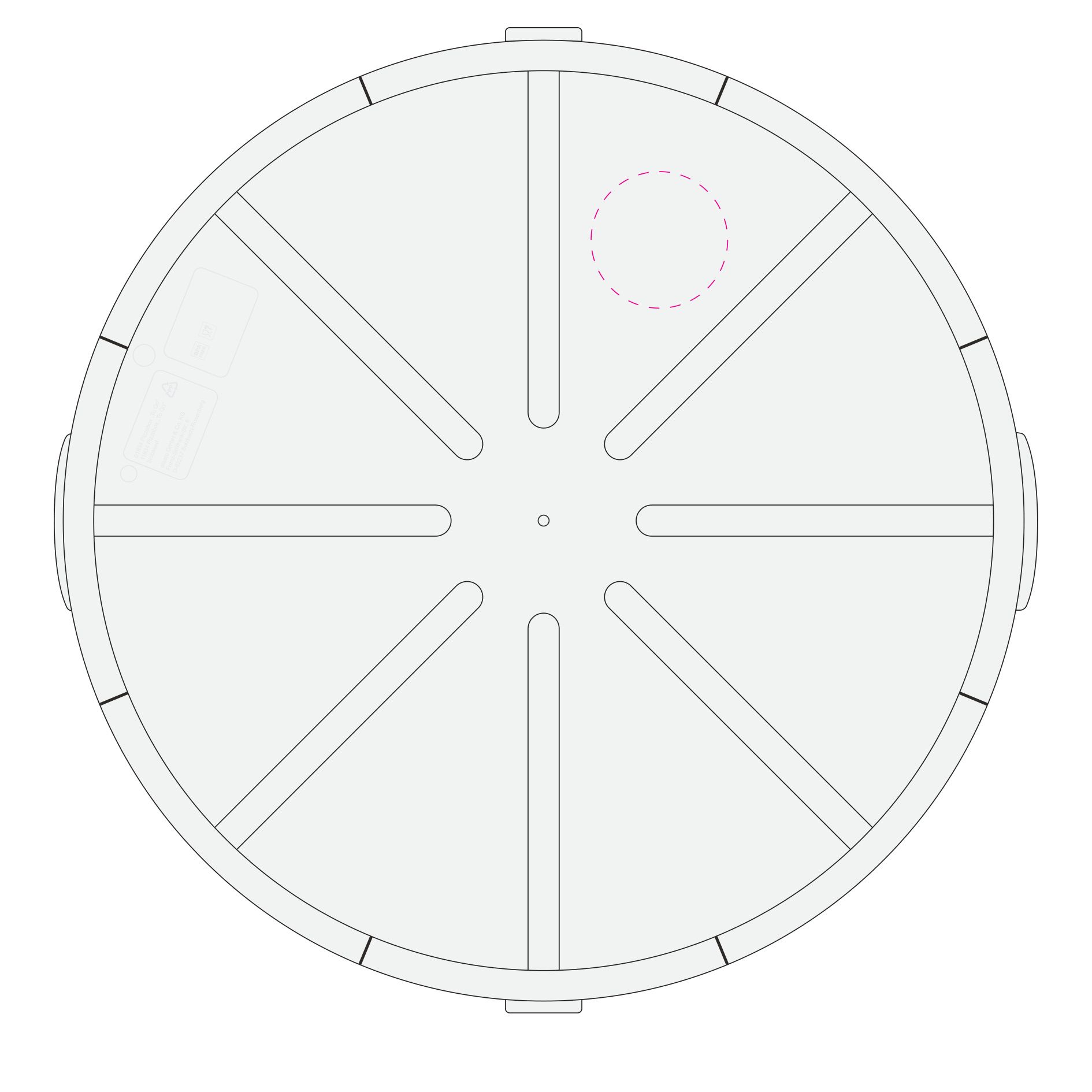 Standskizze: Druckposition „innen mittig auf ein Segment (max. Ø 50 mm)“ – Pizzabox ToGo Ø358 mm – Mehrweg-Alternative aus Kunststoff