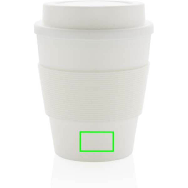 Standskizze: Druckverfahren Tampondruck auf Position „Artikel Vorderseite unten (max. 25 x 15 mm)“ – XD Collection wiederverwendbarer Coffee-to-go Becher 350 ml mit Silikon-Sleeve