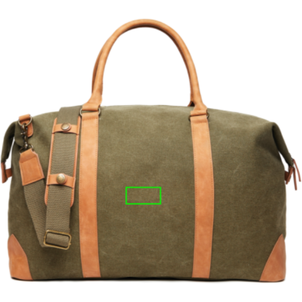 Standskizze: Druckverfahren PU-Etikett Sortino auf Position „Artikel Vorderseite“ – VINGA Bosler Weekender aus RCS-recyceltem Canvas mit Logo veredelbar