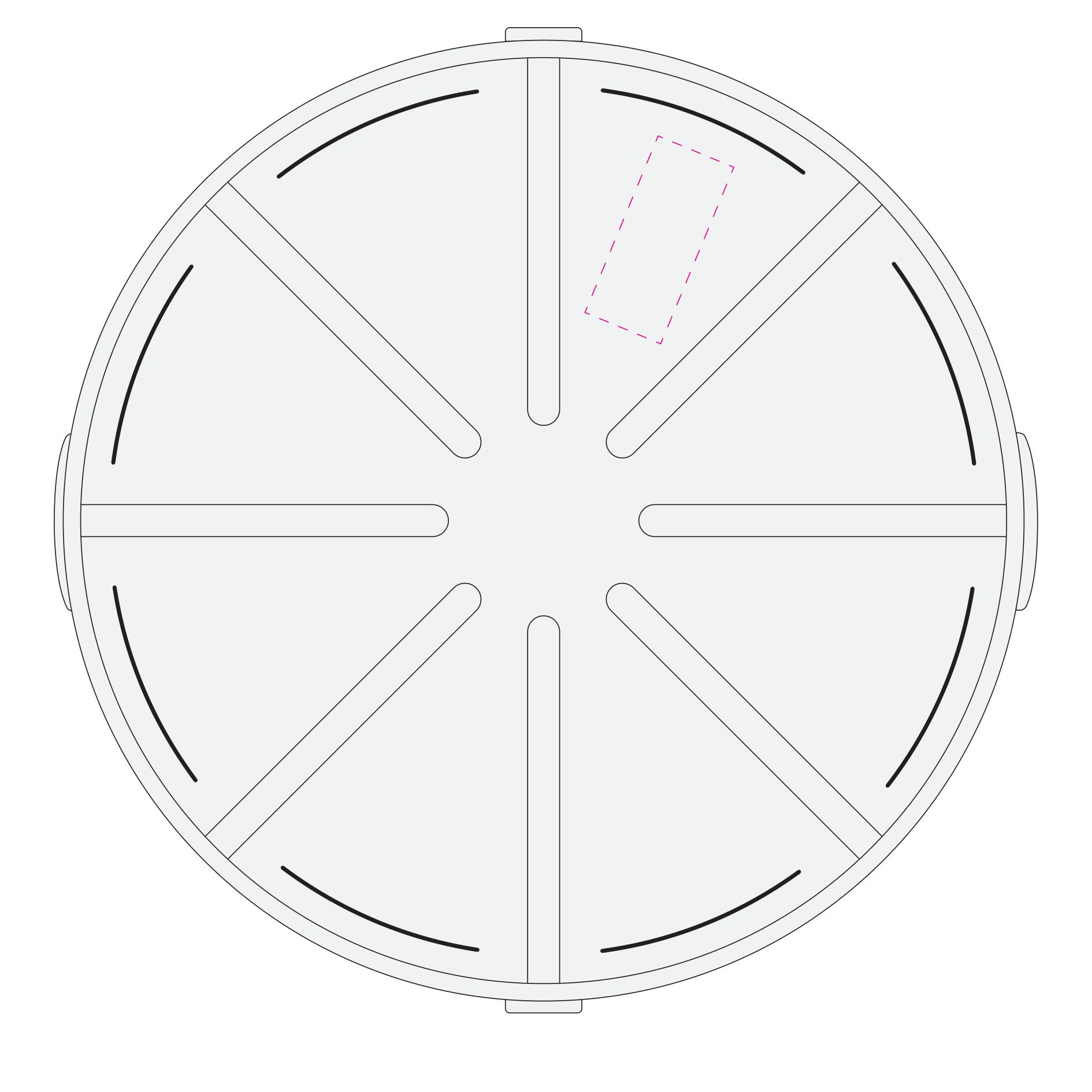Standskizze: Druckposition „außen auf ein Segment (max. 30×70 mm)“ – Pizzabox ToGo Ø358 mm – Mehrweg-Alternative aus Kunststoff