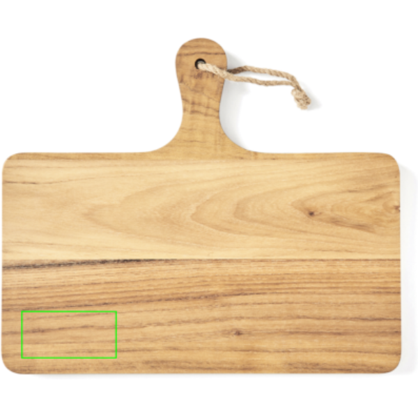Standskizze: Druckverfahren CO2 Gravur auf Position „Schneidebrett (max. 80 x 40 mm)“ – VINGA Buscot Servierbrett aus FSC-Teakholz mit Griff