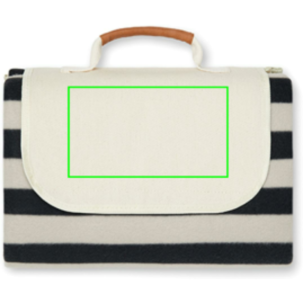 Standskizze: Druckverfahren Digital Transfer auf Position „Überschlag“ – VINGA Alba GRS rPET Picknickdecke 170×130 cm – mit Logo veredelbar