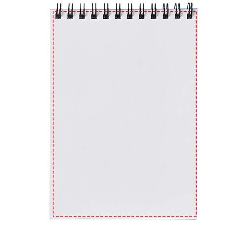Standskizze: Druckverfahren Offsetdruck vollfarbig auf Position „Rückseite der Blätter (Hochformat, Rücken oben) (max. 148 x 210 mm)“ – Desk-Mate® A5 Notizbuch mit Kunststoff Cover und Spiralbindung
