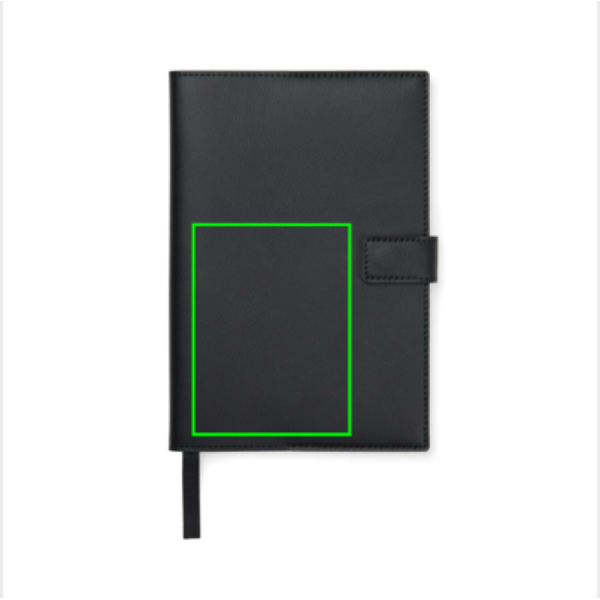 Standskizze: Druckverfahren Siebdruck Transfer auf Position „Artikel Vorderseite unten (max. 90 x 120 mm)“ – VINGA Timo Notizbuch A5 aus RCS-recyceltem rPET und Papier