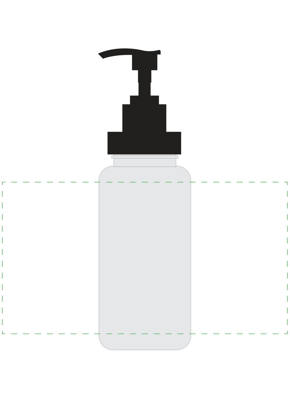 Standskizze: Druckposition „rundum (max. 207×110 mm)“ – Seifenspender Basic 400 ml – Tritan-Gefäß mit Pumpspender