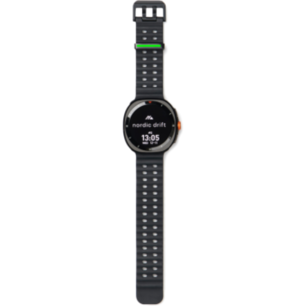 Standskizze: Druckverfahren Lasergravur auf Position „Klammer (max. 20 x 2 mm)“ – Nordic Drift Titan High Performance Smartwatch mit AMOLED-Display und Lasergravur