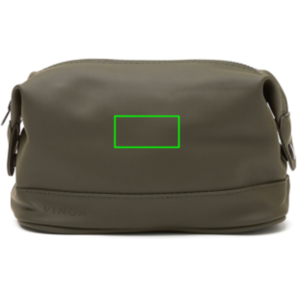 Standskizze: Druckverfahren PU-Etikett Baltimore grün auf Position „Artikel Rückseite (max. 60 x 30 mm)“ – VINGA Baltimore Kosmetiktasche aus PU-Material, bedruckbar mit Logo