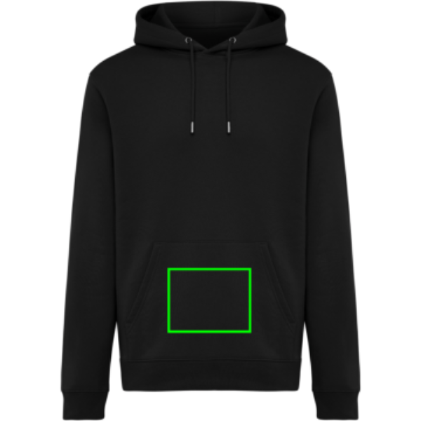 Standskizze: Druckverfahren Digital Transfer auf Position „Tasche (max. 180 x 140 mm)“ – IQONIQ Joshua Hoodie 340 g/m² aus Bio- und recycelter Baumwolle – mit Logo bestickbar und bedruckbar
