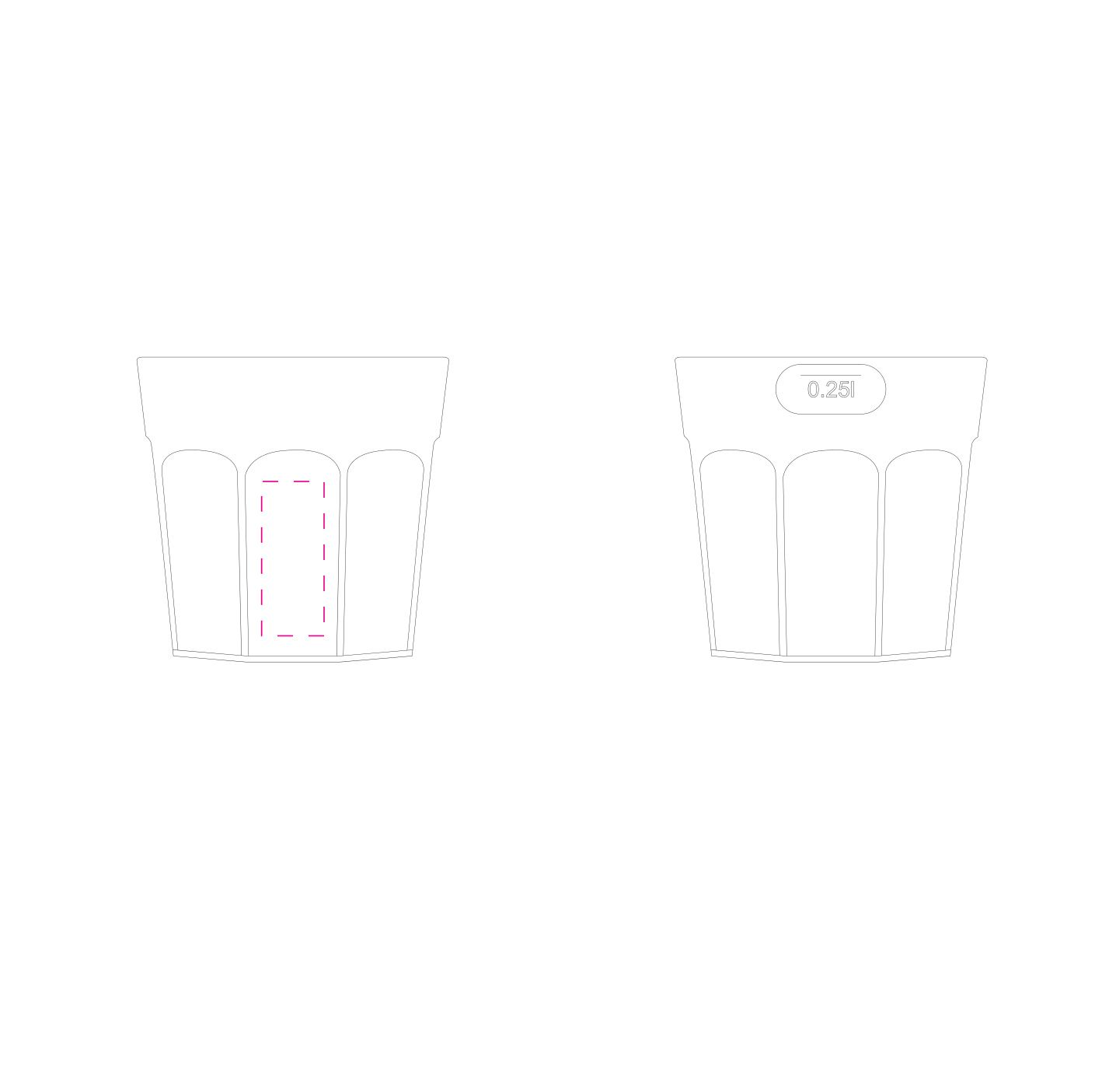 Standskizze: Druckposition „Druck gegenüber Füllmarke (max. 17×42 mm)“ – Trinkbecher Tumble 250 ml – stabiler Kunststoff, lebensmittelecht
