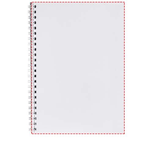Standskizze: Druckverfahren Druck auf Papier auf Position „Rückseite der Blätter (Hochformat, Rücken rechts) (max. 148 x 210 mm)“ – Desk-Mate® A5 Spiralnotizbuch mit bedruckter Rückseite